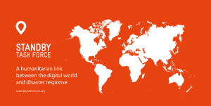 Map of world. Next to this it reads: Standby Task Force A humanitarian link between the digital world and disaster response"